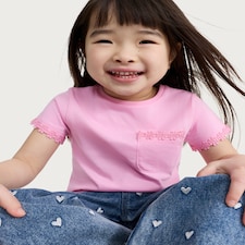 F&F Girls Pure Cotton Floral Trim T-Shirt in Pink