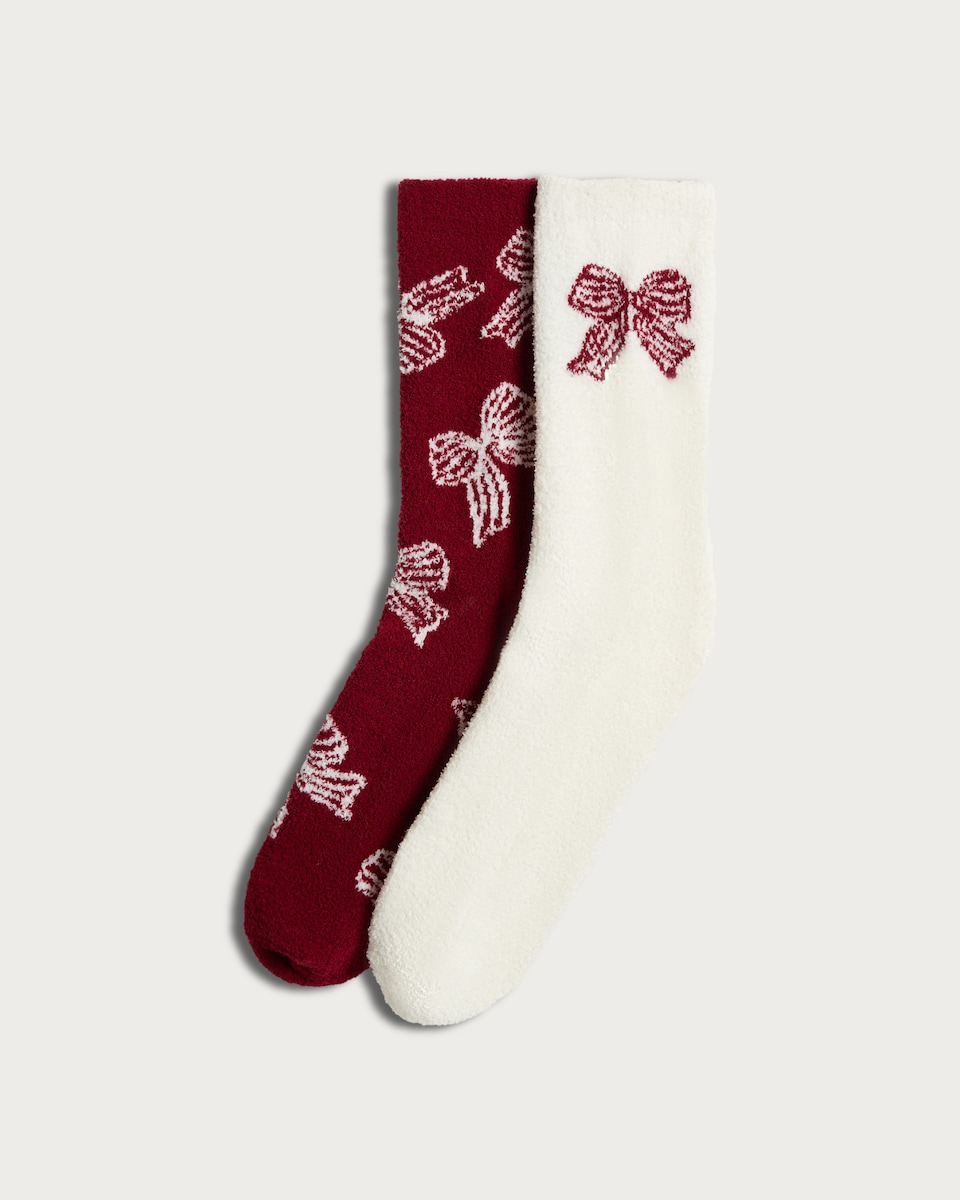 F&F 2-Pack Fluffy Bow Print Cosy Socks in Burgundy