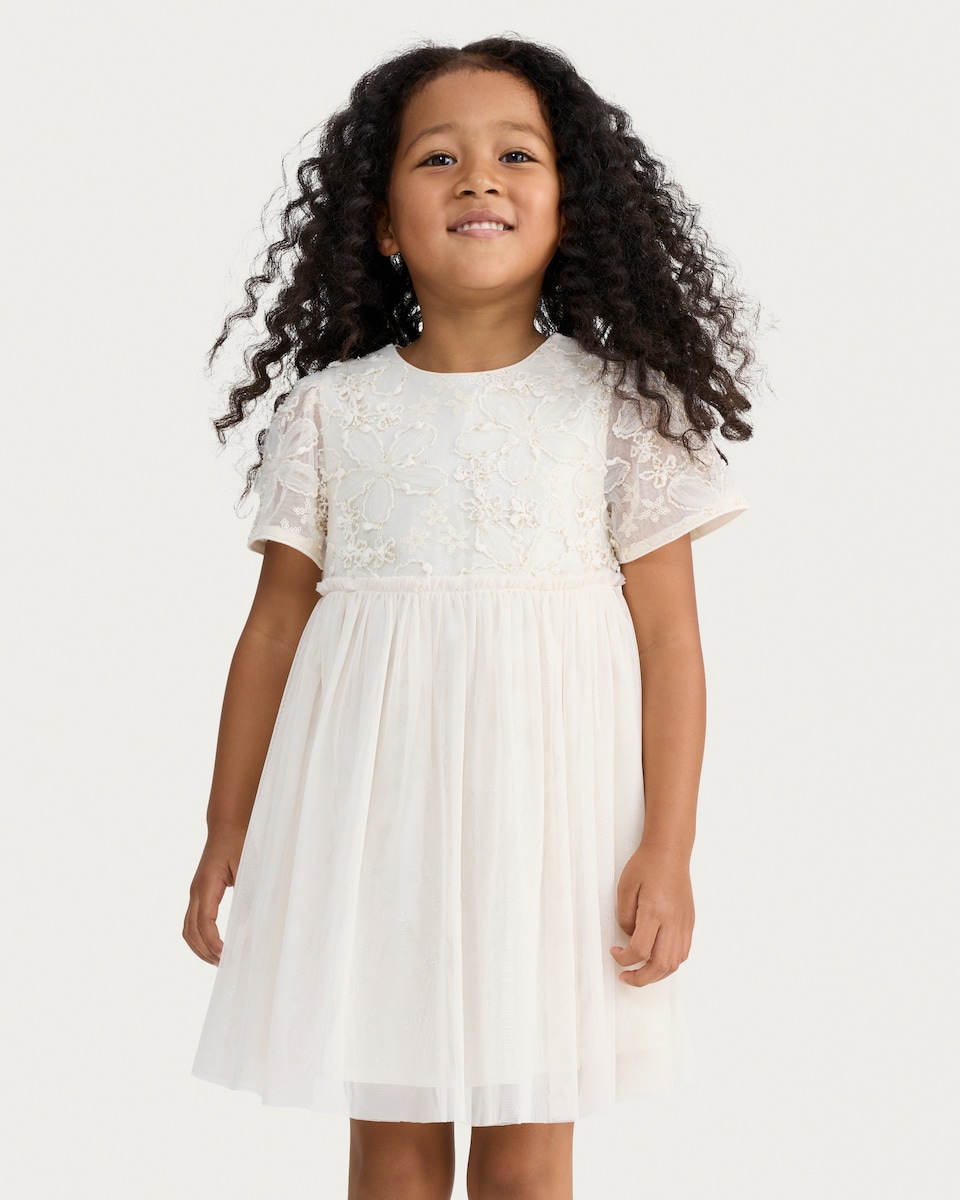 image 1 of F&F Girls Floral Lace Short Sleeved Dress in Cream
