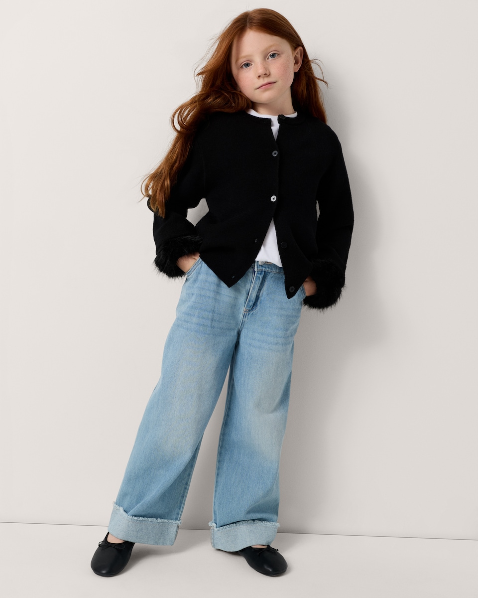 image 1 of F&F Girls Faux Fur Cuff Cardigan in Black