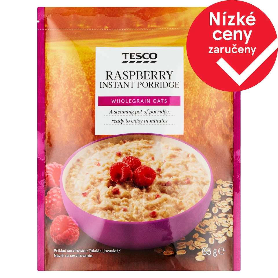Tesco Instantní ovesná kaše s kousky mrazem sušených malin 65g