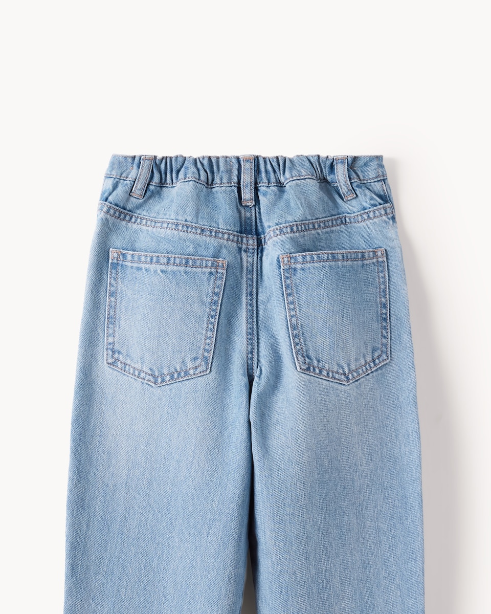 image 1 of F&F Girls Pure Cotton Embroidered Bow Barrel Leg Jeans in Blue