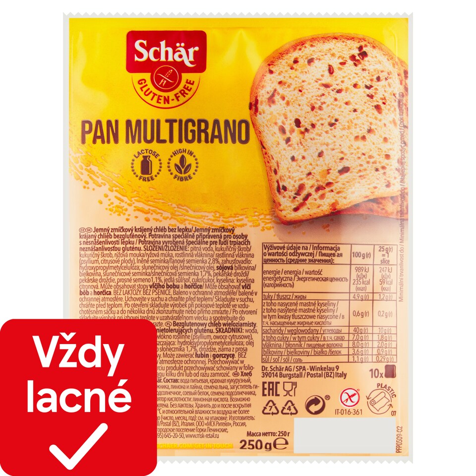Schär Pan Multigrano jemný zrniečkový krájaný chlieb bezgluténový 250 g