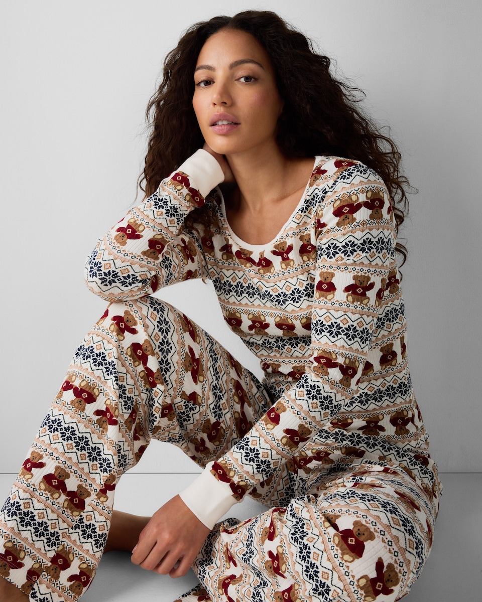 image 1 of Christmas Cotton Rich Bear Fair Isle Matching Family Pyjama Set in Cream