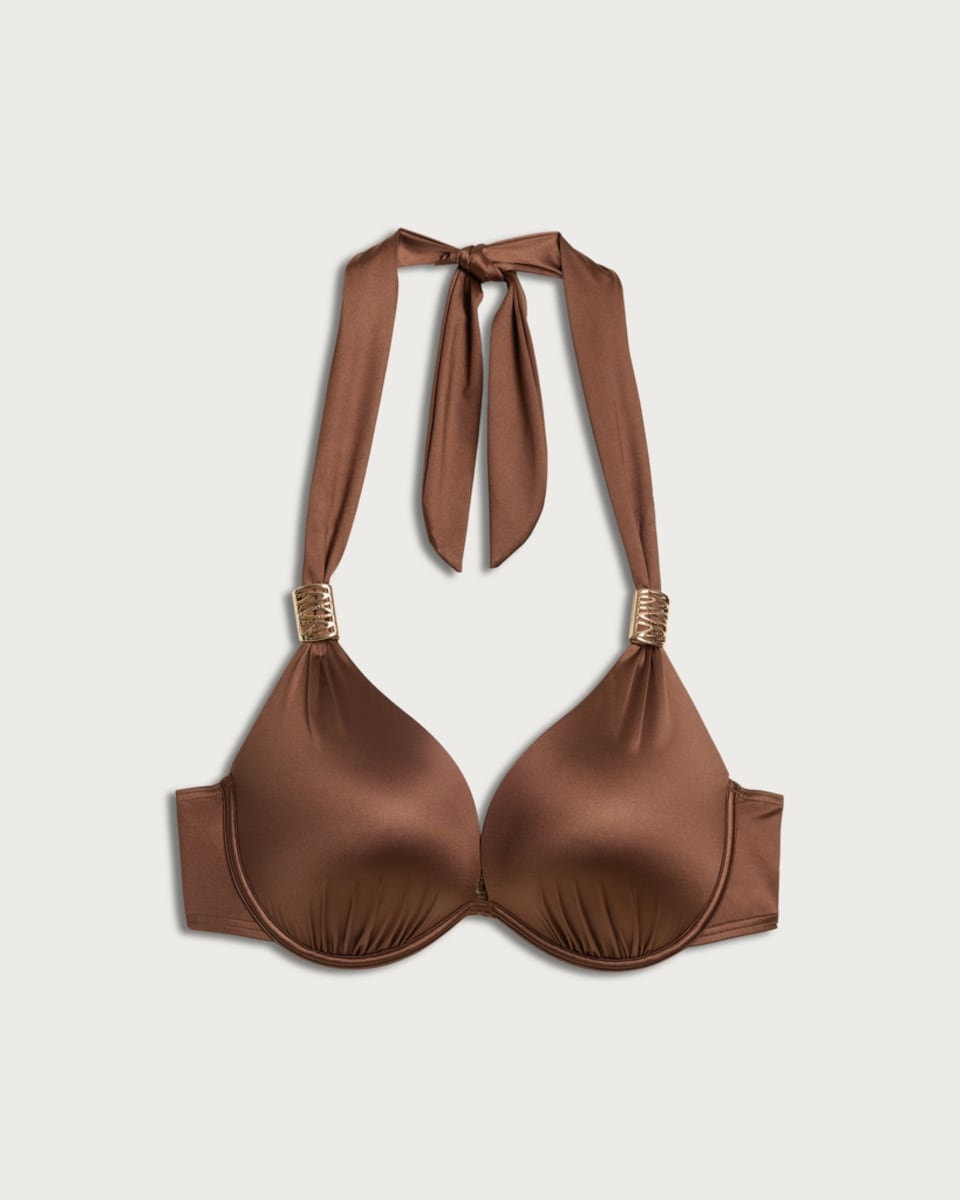 F&F High Shine Metal Accent Halter Neck Wired Bikini Top in Brown