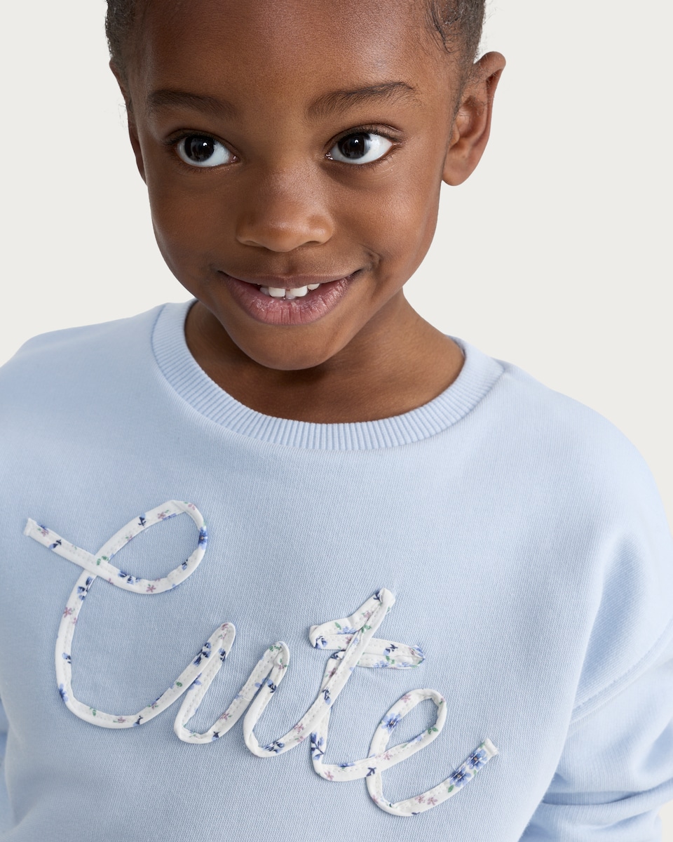 image 1 of F&F Girls Cotton Rich Cute Slogan Sweatshirt in Blue