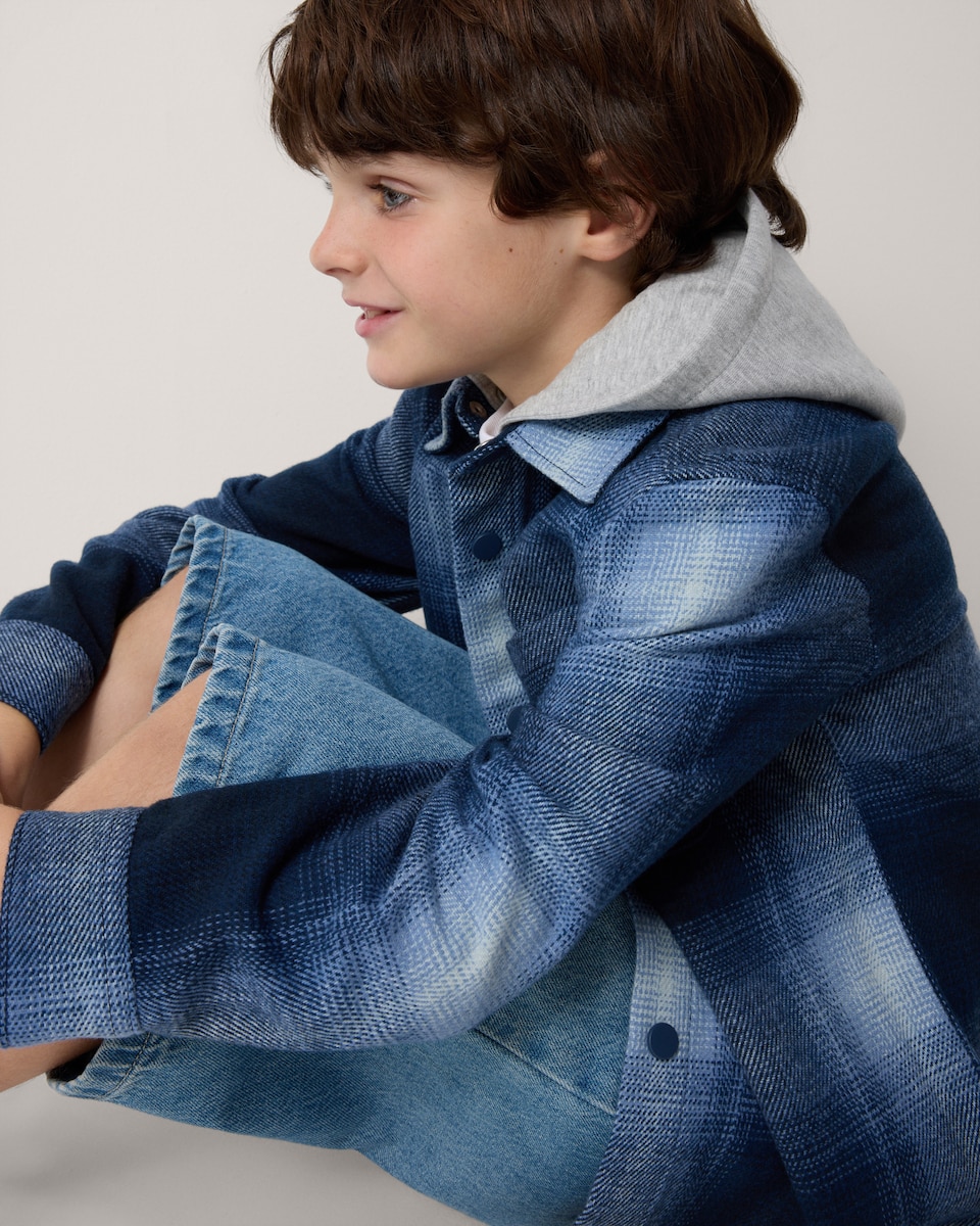 image 1 of F&F Boys Check Hooded Shirt in Blue