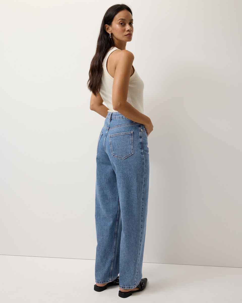 image 1 of F&F Crease Front Barrel Leg Jeans in Navy