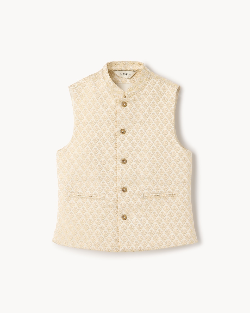 image 1 of F&F Boys Patterned Diwali Waistcoat in Cream