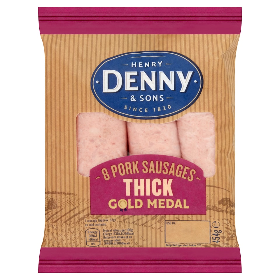 Denny Thick Pork Sausages 8'S 454G Tesco Groceries