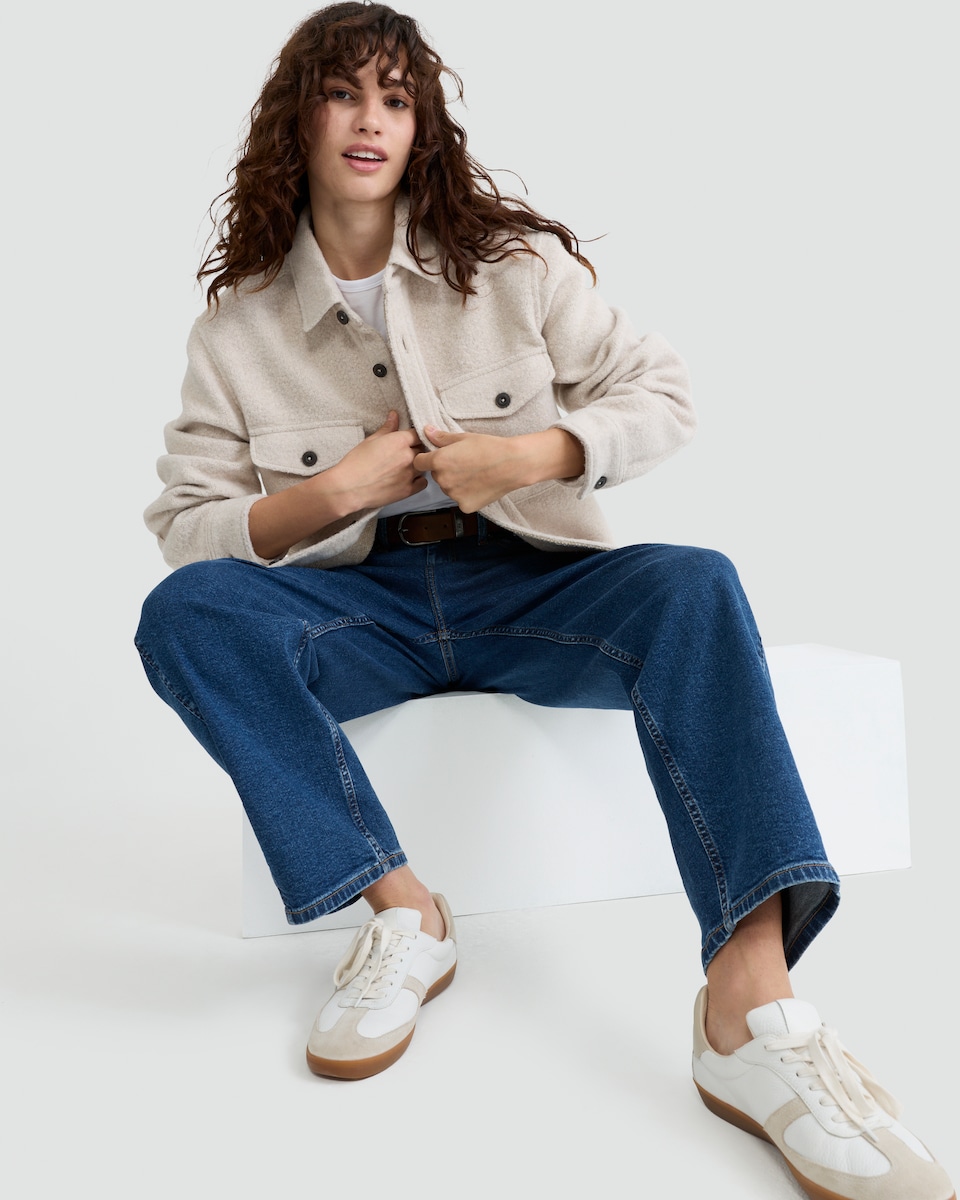image 1 of F&F Boucle Textured Button Up Shacket with Wool in Cream