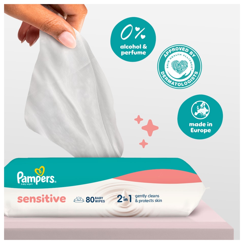image 1 of Pampers Sensitive Baby Wipes 0% Plastic 4 x 52 Wipes