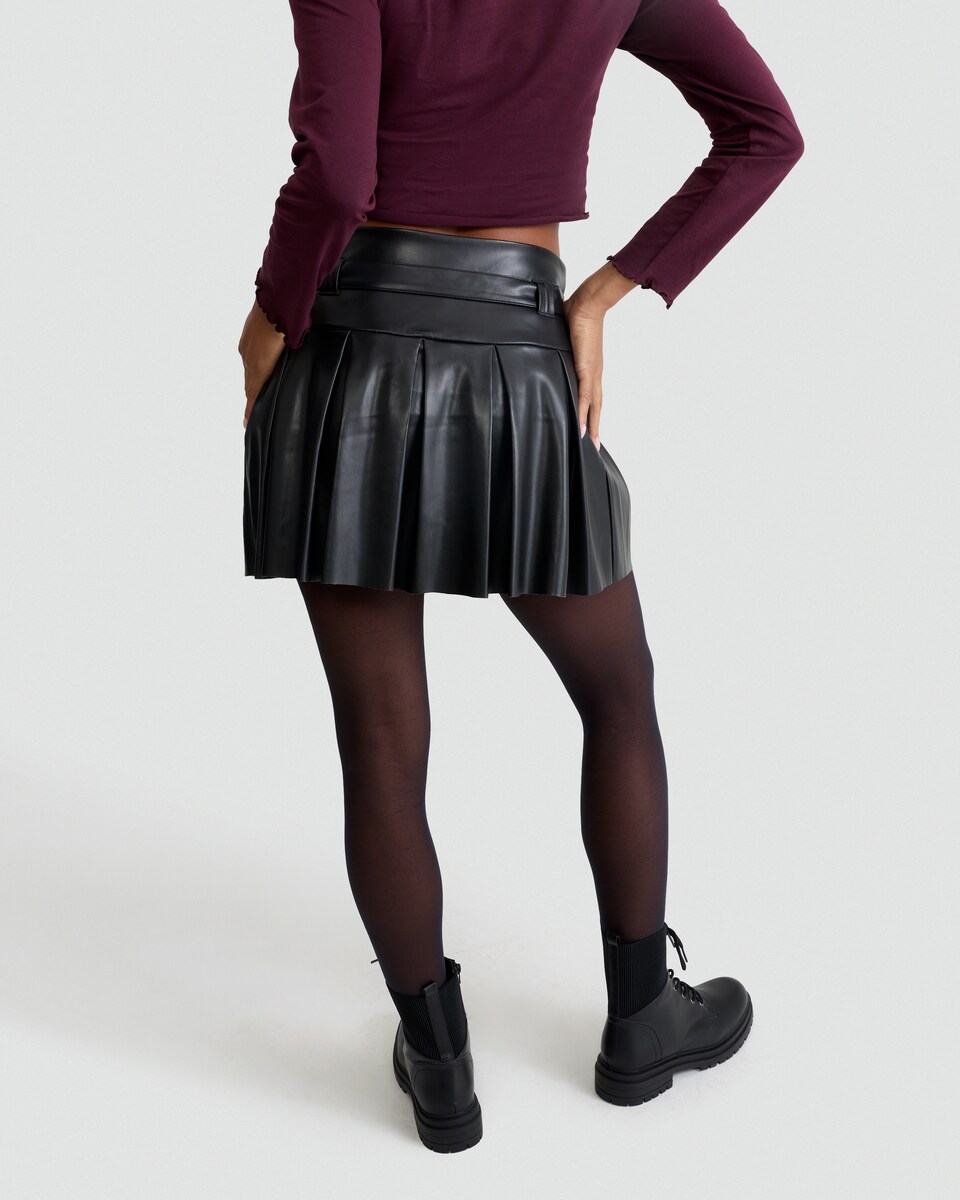 image 1 of OH ME OH MY Faux Leather Pleated Belted Skirt in Black