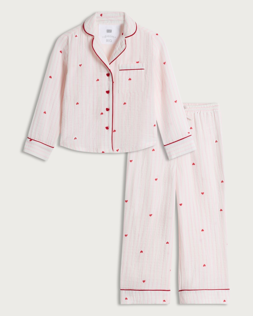 image 1 of F&F Girls Pure Cotton Heart Print Pyjama Set in Multi