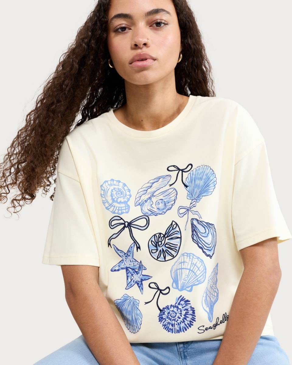 image 1 of OH ME OH MY Pure Cotton Seashell Print Oversized T-Shirt in Yellow