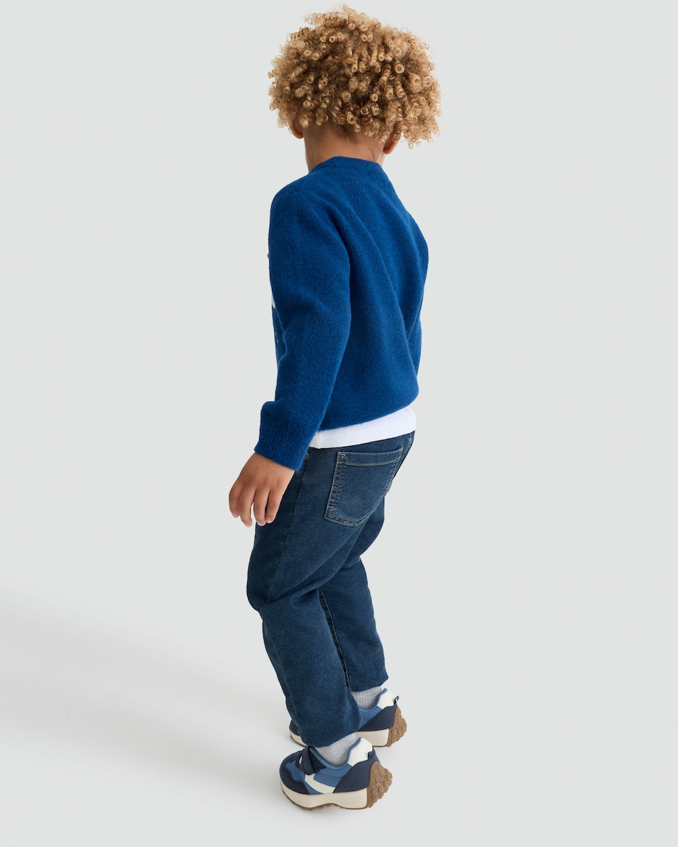 image 1 of F&F Boys Knitted Santa, Reindeer and Snowman Print Jumper in Blue