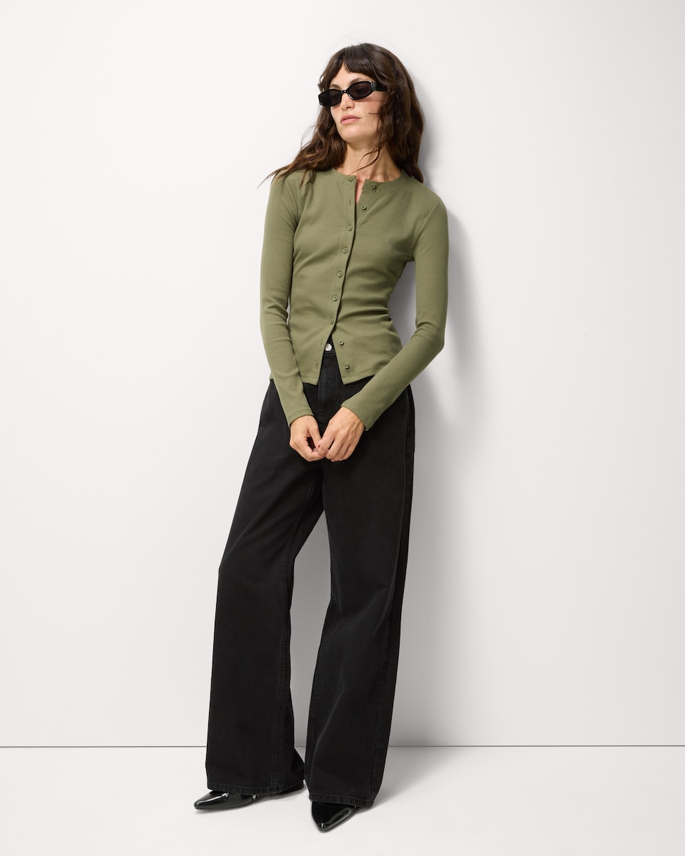image 1 of F&F Cotton Rich Ribbed Button Up Top in Olive