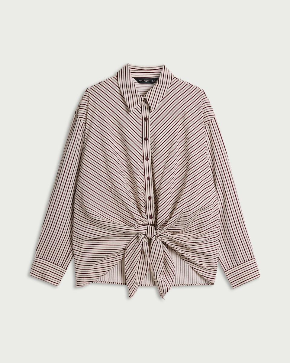 image 1 of F&F Striped Knot Front Shirt in Burgundy