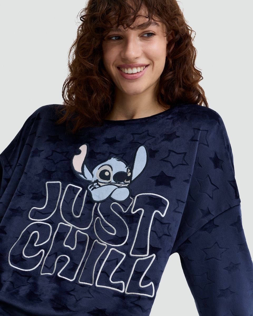 image 1 of Disney Stitch Just Chill Slogan Fleece Pyjamas in Blue