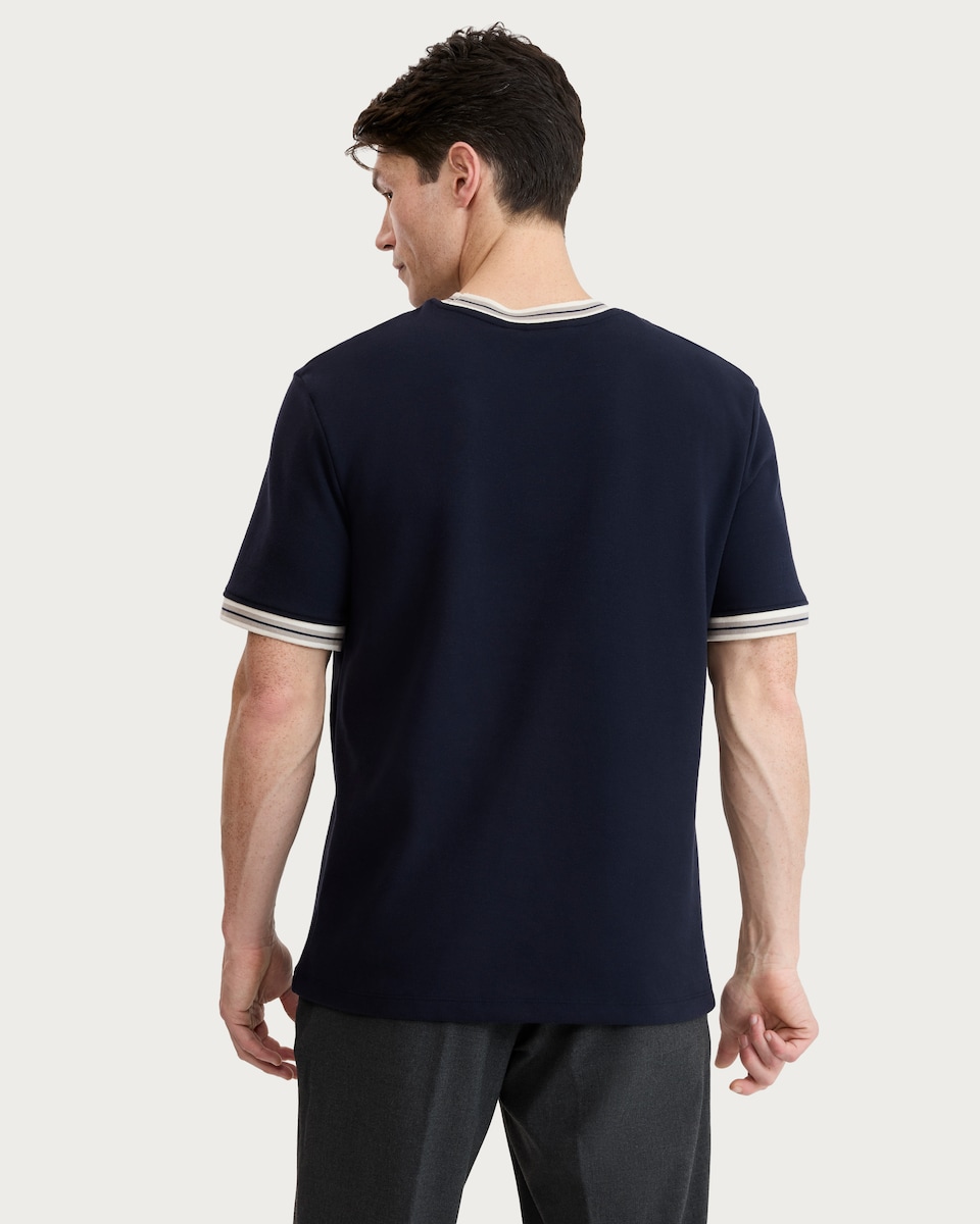 image 1 of F&F Cotton Rich Striped Trim Short Sleeved T-Shirt in Navy