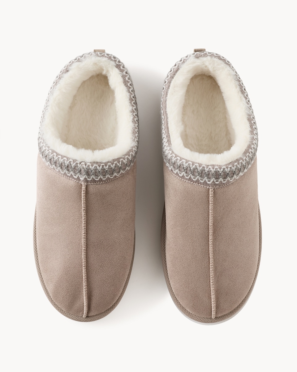 image 1 of F&F Faux Fur Lined Embroidered Mule Slippers in Natural