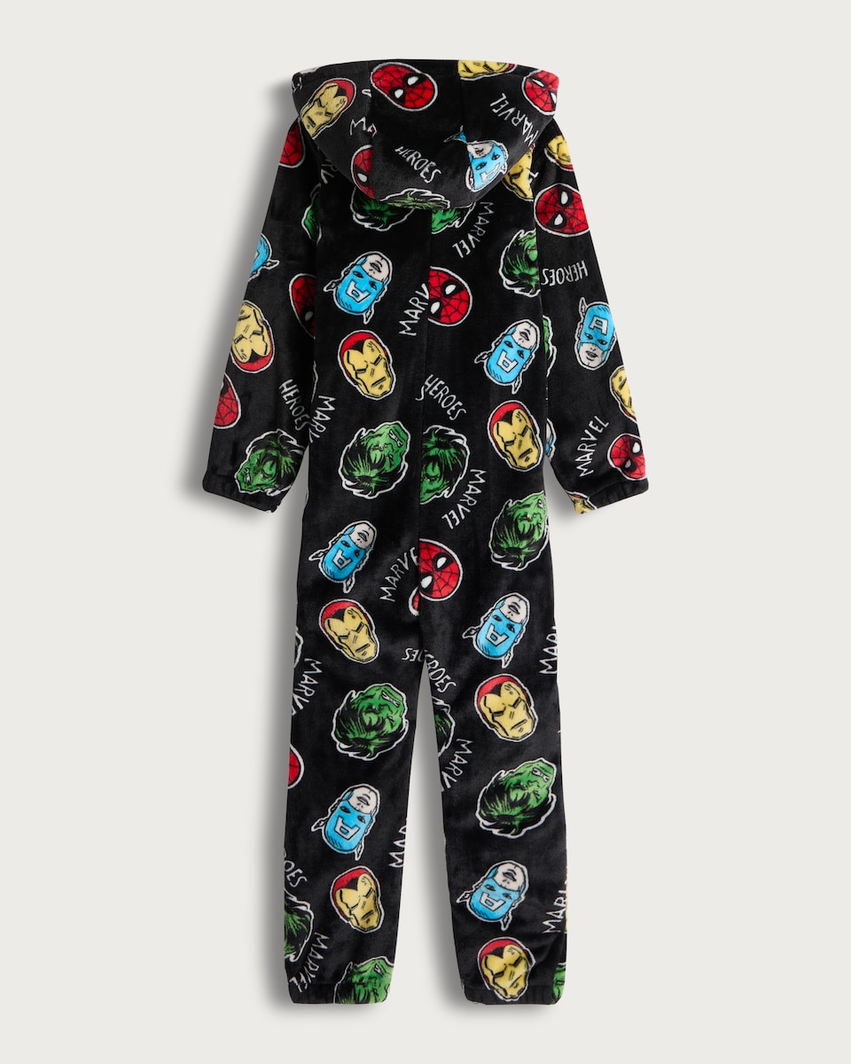 image 1 of Marvel Heroes Print Fleece Hooded Onesie in Black