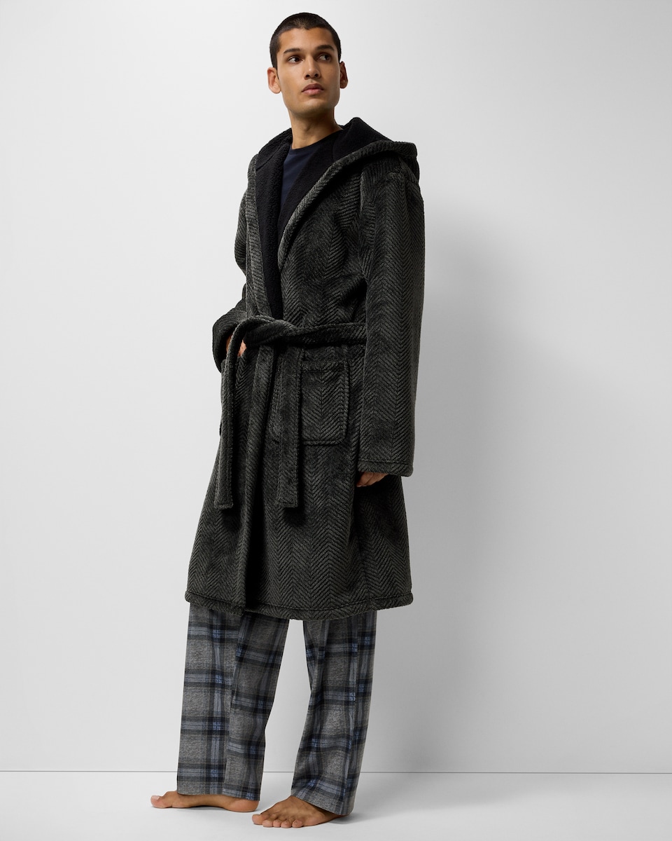 image 1 of F&F Fleece Herringbone Hooded Dressing Gown in Grey