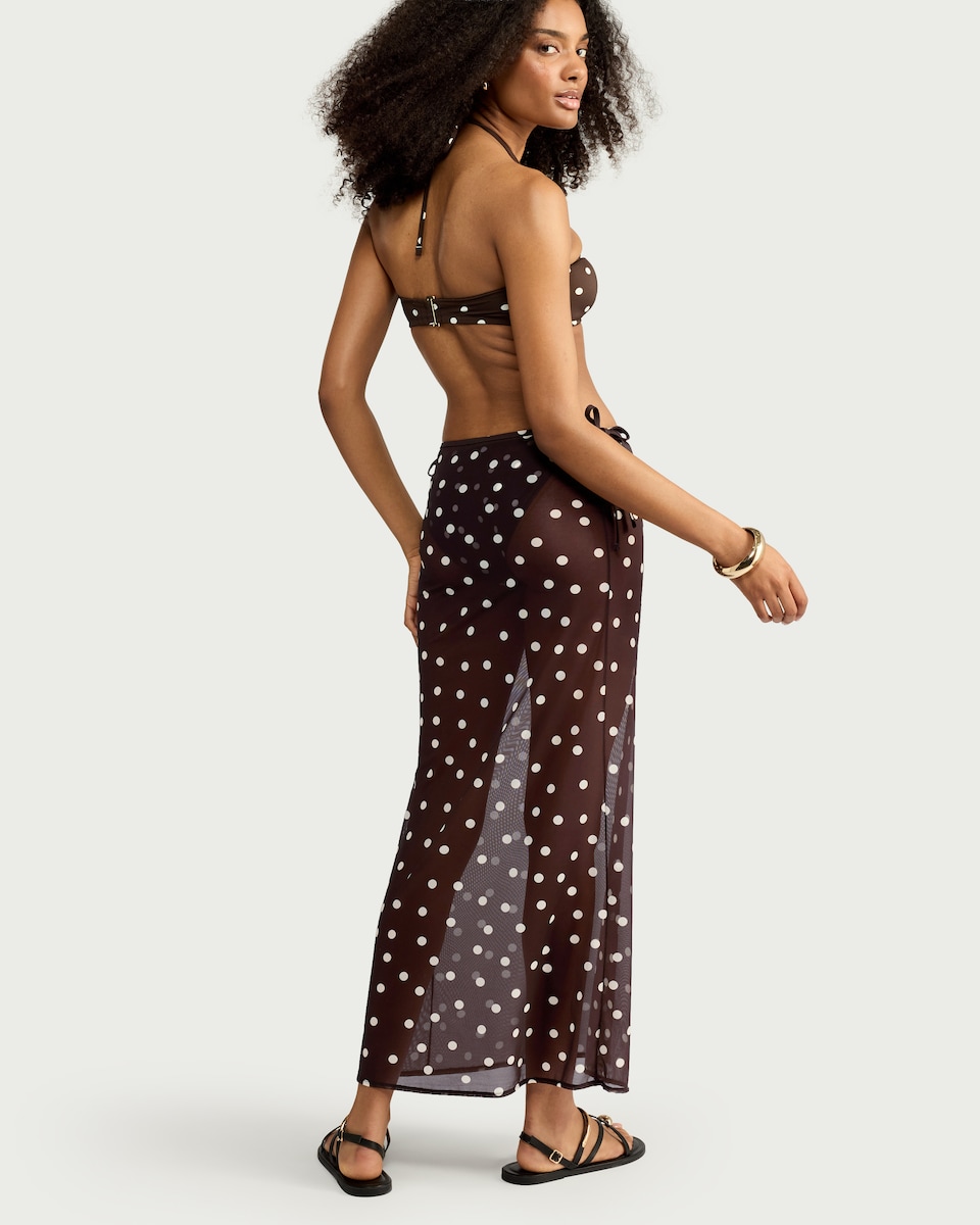 image 1 of F&F Mesh Polka Dot Tie Side Sarong in Brown