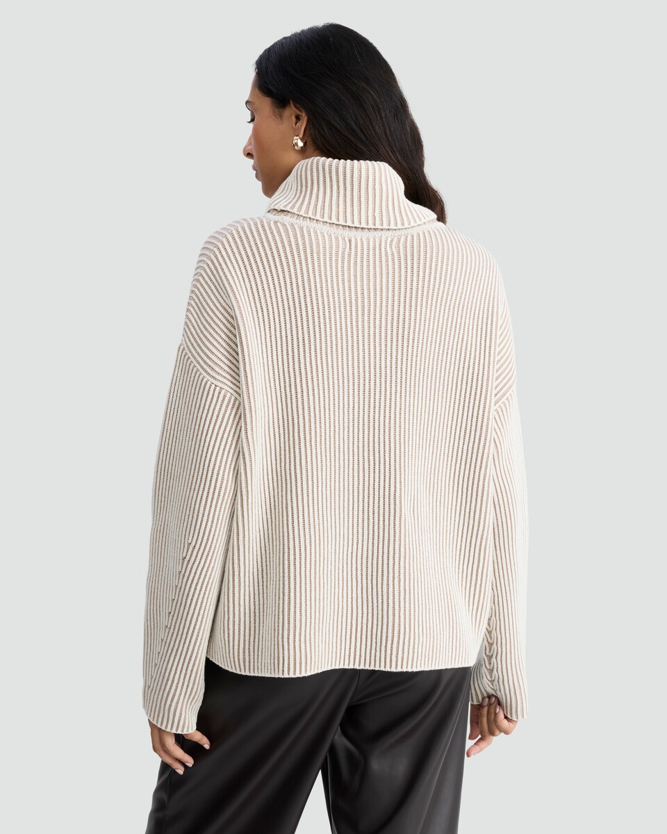 image 1 of F&F Ribbed Cotton Rich Two Tone Roll Neck Jumper in Neutral