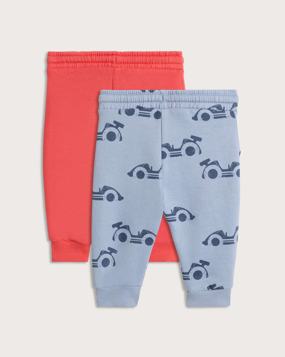 image 1 of F&F Baby 2-Pack Cotton Rich Printed Cuffed Joggers in Blue