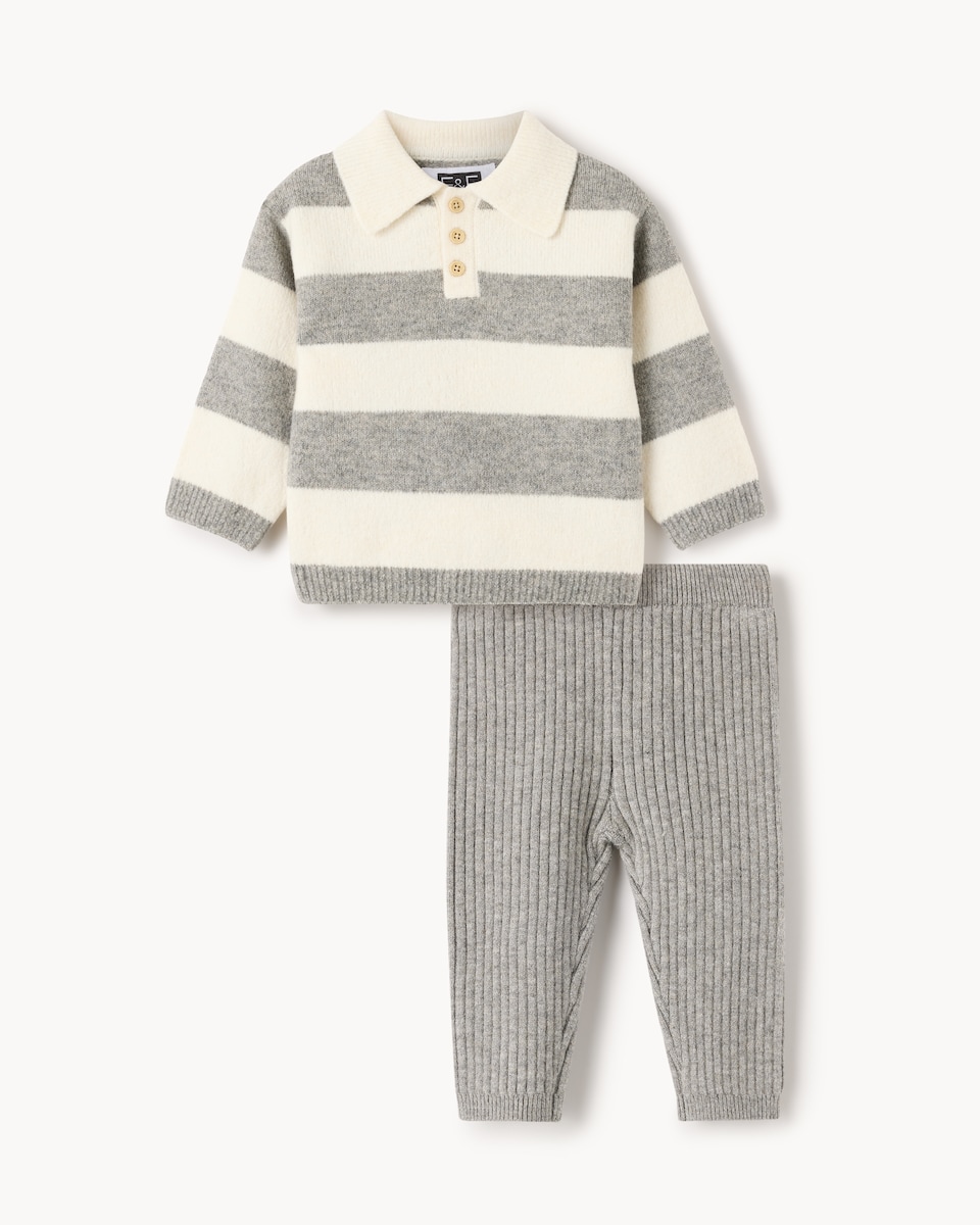 image 1 of F&F Baby Striped Jumper and Ribbed Leggings Set in Grey