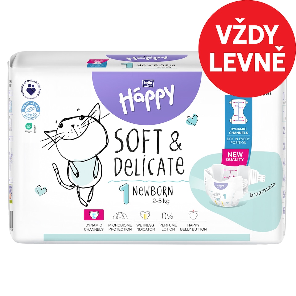 Bella Baby Happy dětské plenky s kanálky Soft & Delicate vel. 1 (2-5 kg), 42 ks
