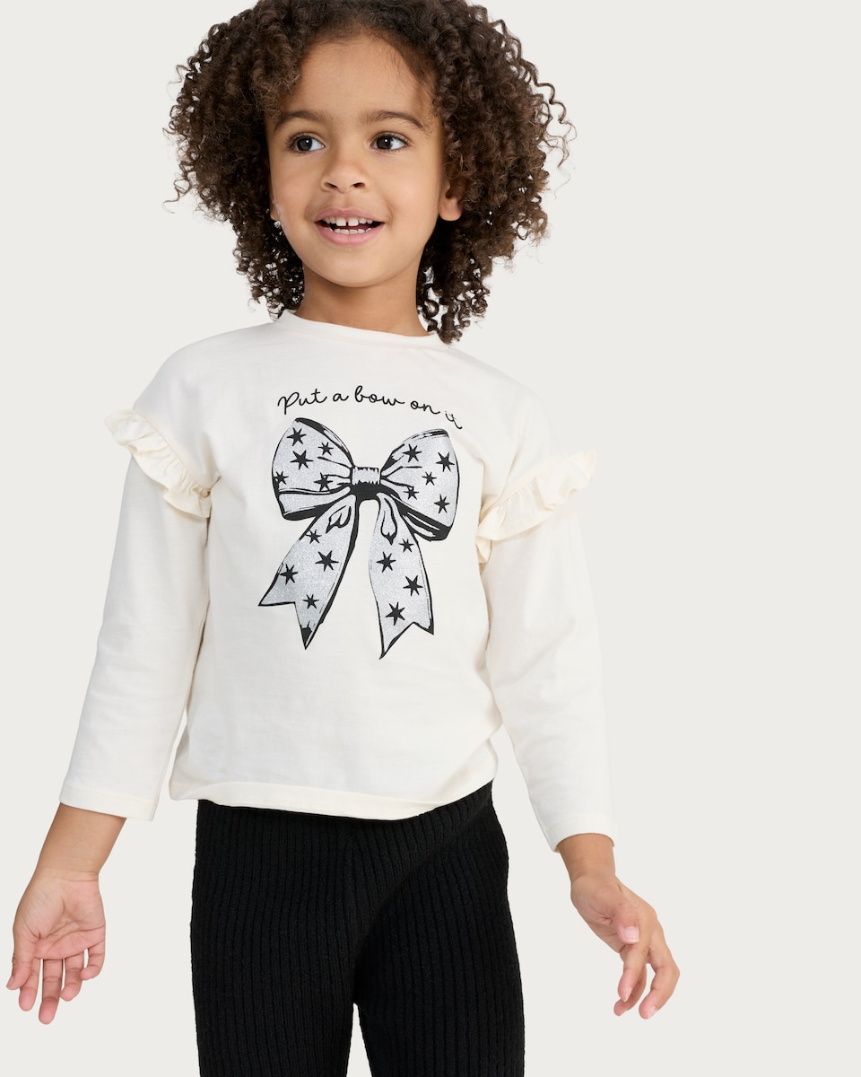 image 1 of F&F Girls 2-Pack Pure Cotton Glitter Bow Long Sleeved Tops in Cream