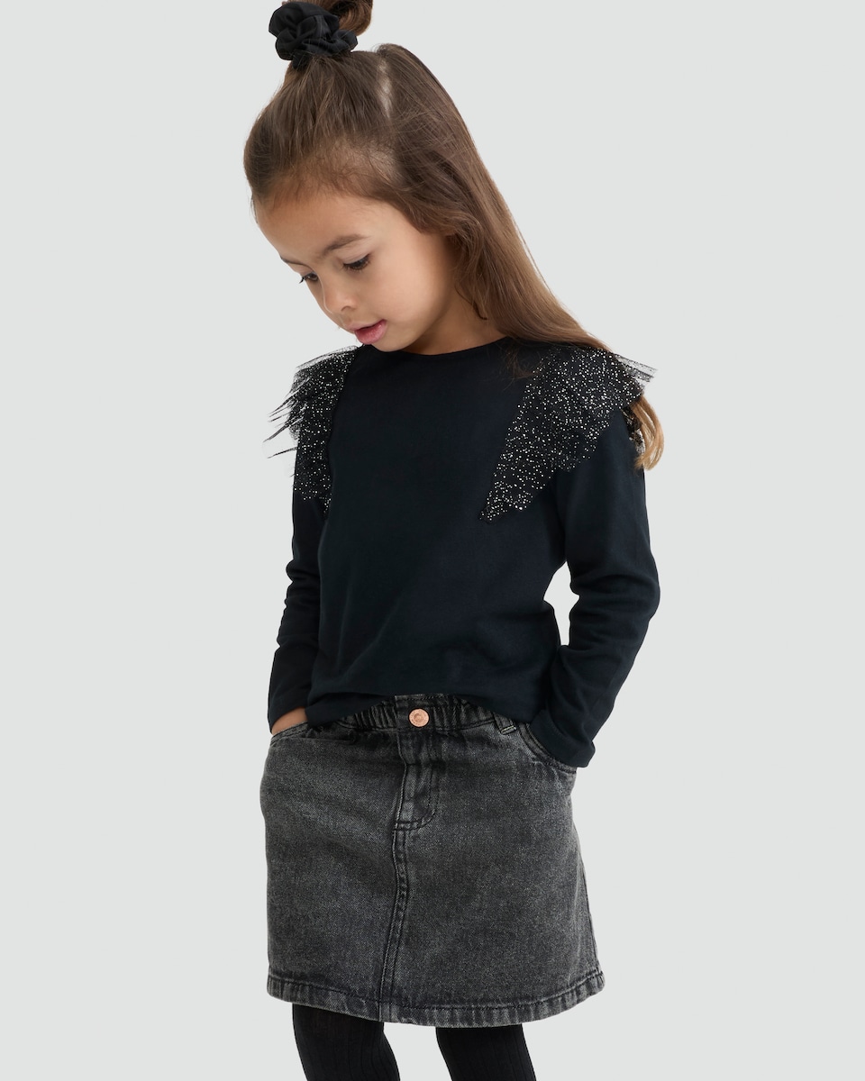 image 1 of F&F Girls Pure Cotton Ruffle Shoulder Long Sleeved Top in Black
