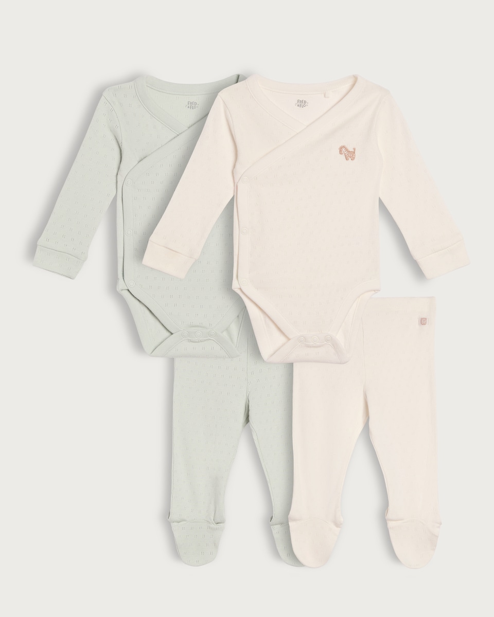 image 1 of F&F Baby 2-Pack Pure Cotton Wrap Bodysuits and Footed Leggings Sets in White