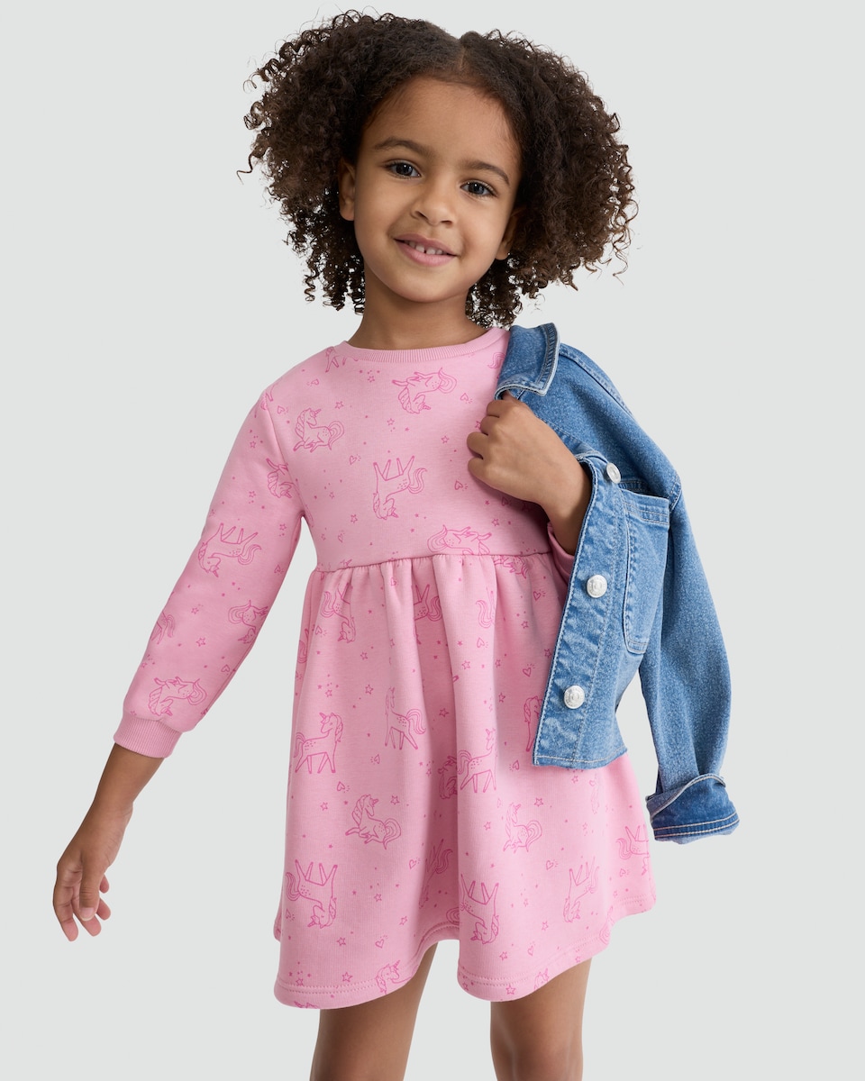 image 1 of F&F Girls Cotton Rich Unicorn Print Long Sleeved Sweater Dress in Pink