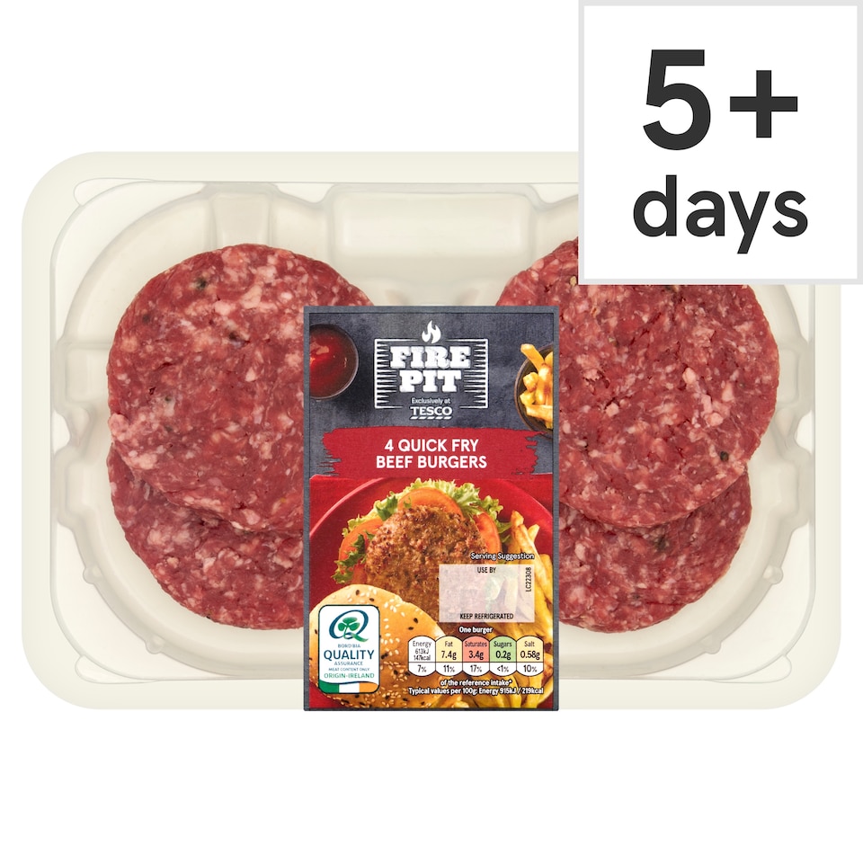 Tesco Fire Pit 4 Quick Fry Beef Burgers 360g
