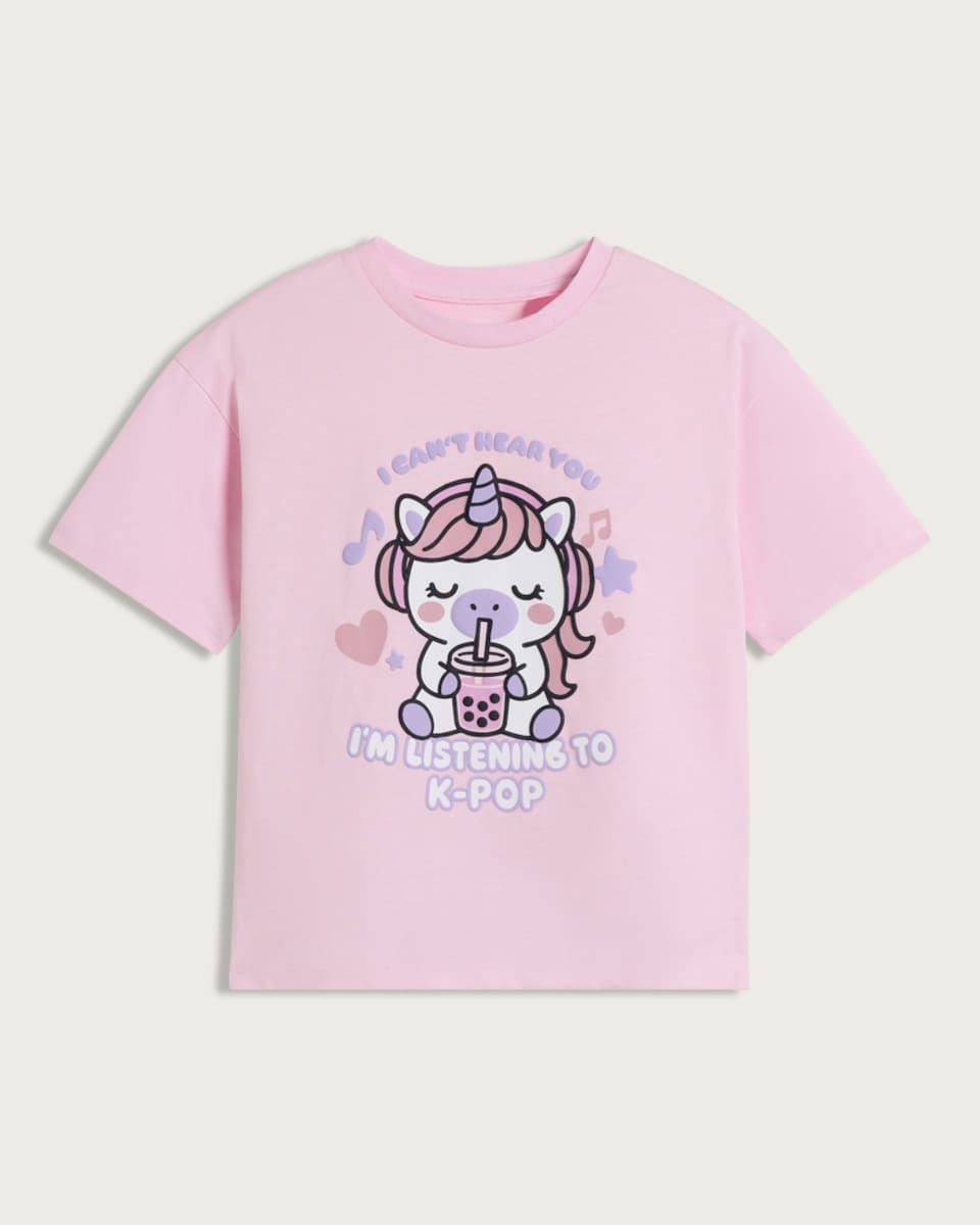 image 1 of F&F Girls Pure Cotton K-Pop Unicorn T-Shirt in Pink