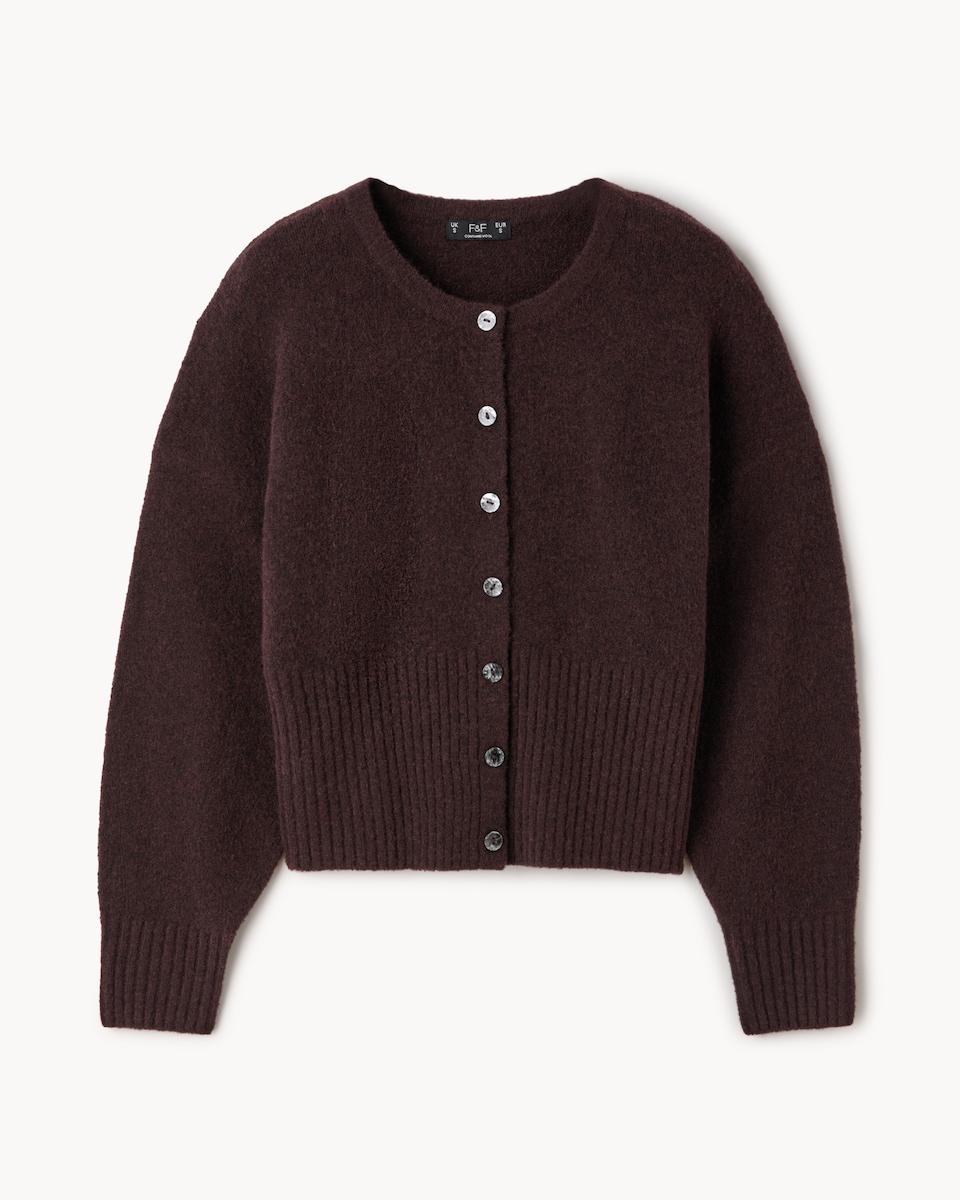 image 1 of F&F Waisted Knitted Cardigan with Wool in Burgundy