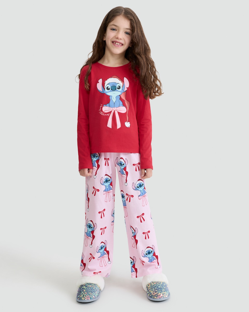 image 1 of Disney Lilo & Stitch Pure Cotton Christmas Print Pyjamas in Multi