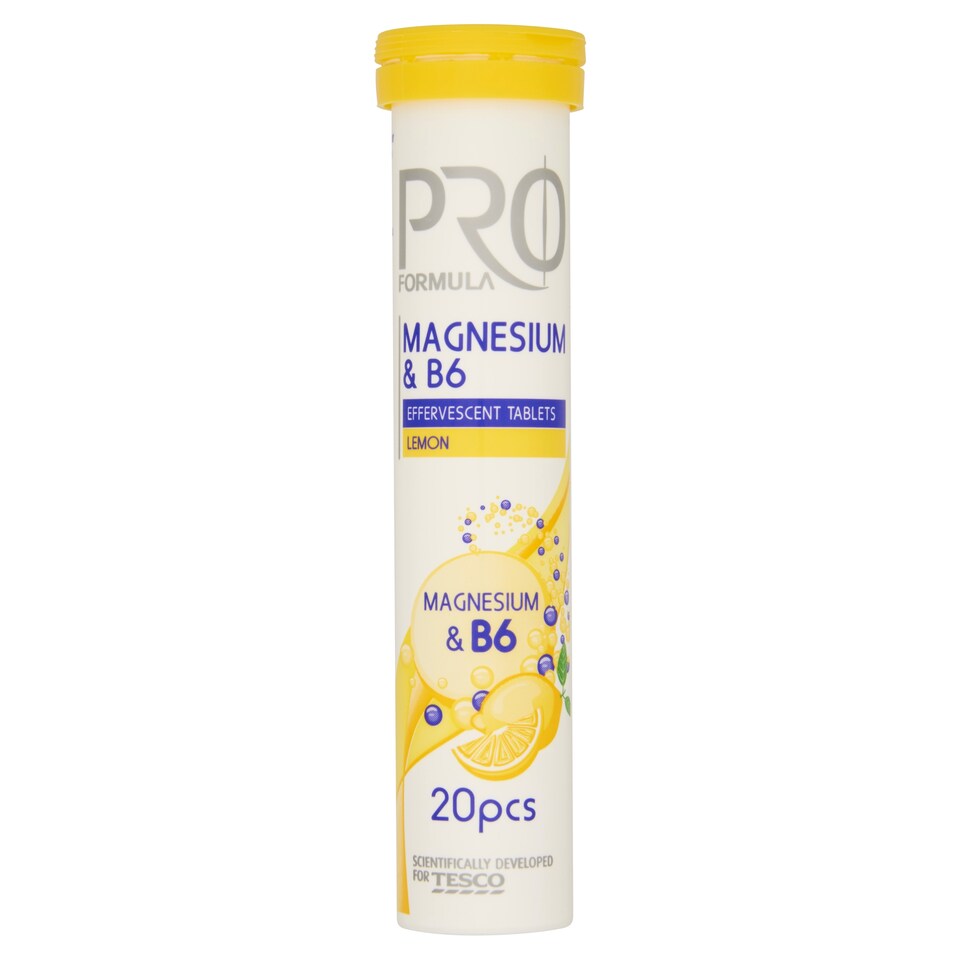 Tesco Pro Formula Šumivé tablety s magnéziom a vitamínom B6 s príchuťou citróna 20 tabliet 80 g