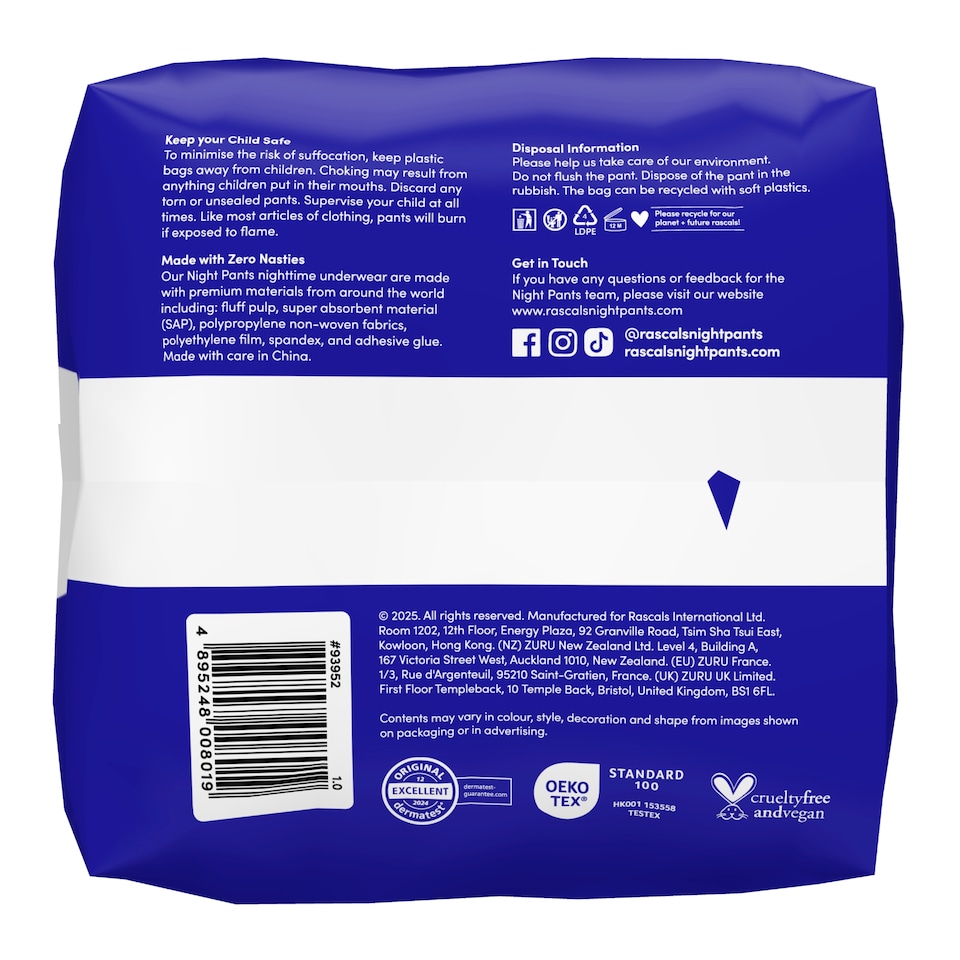 image 1 of Rascals Night Pants Absorbent Disposable Boys Nighttime Bedwetting Overnight Underwear 8-15 Years (29-57 kg) 8-Pack