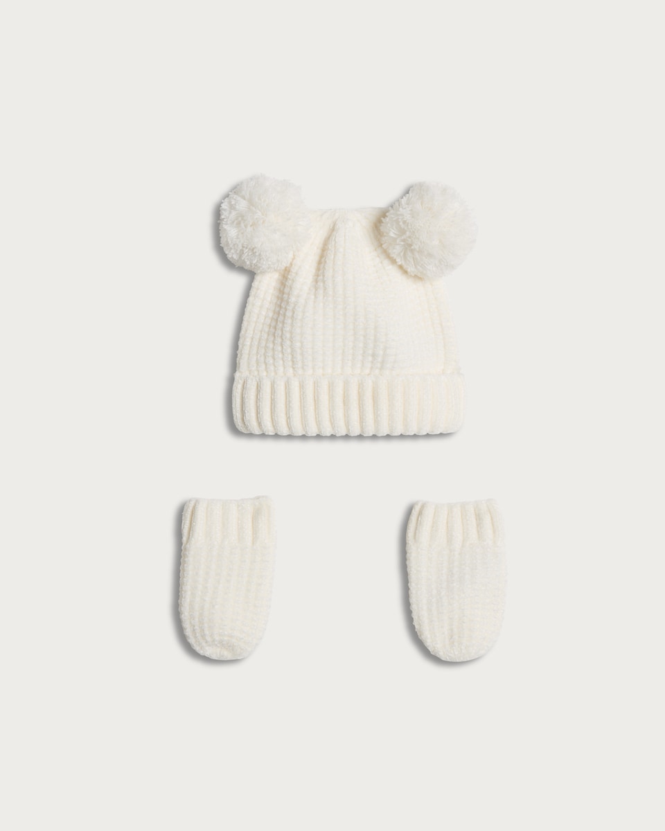 F&F Baby 2-Piece Chenille Pom Pom Hat and Mittens Set in Cream