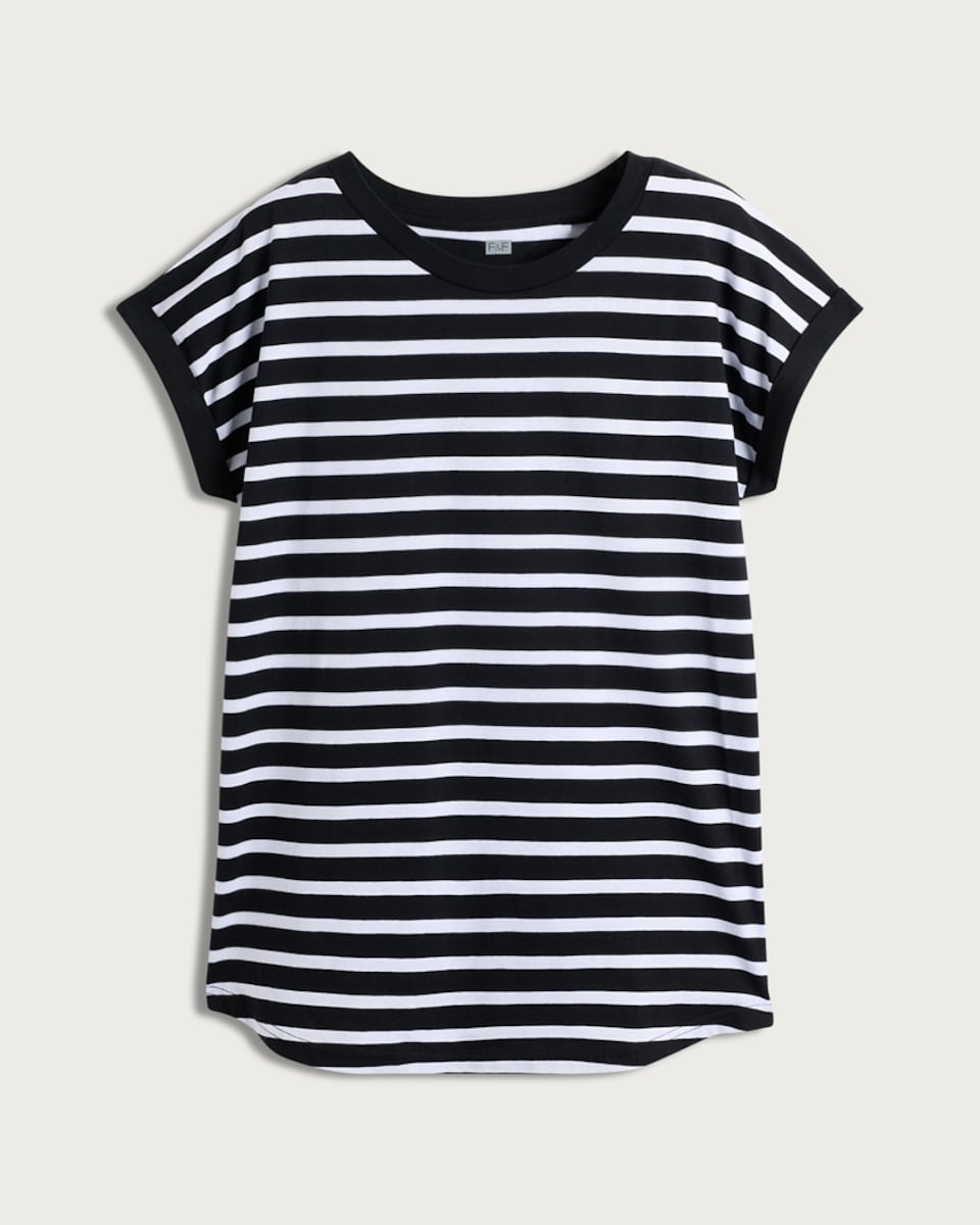 image 1 of F&F Pure Cotton Striped Short Sleeved T-Shirt in Multi Black White