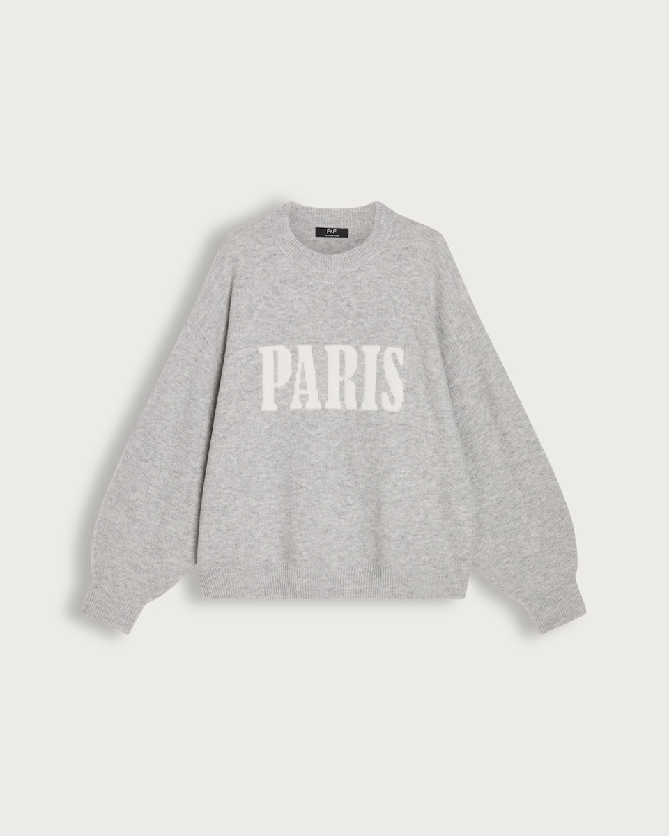 F&F Knitted Paris Slogan Jumper with Wool in Grey