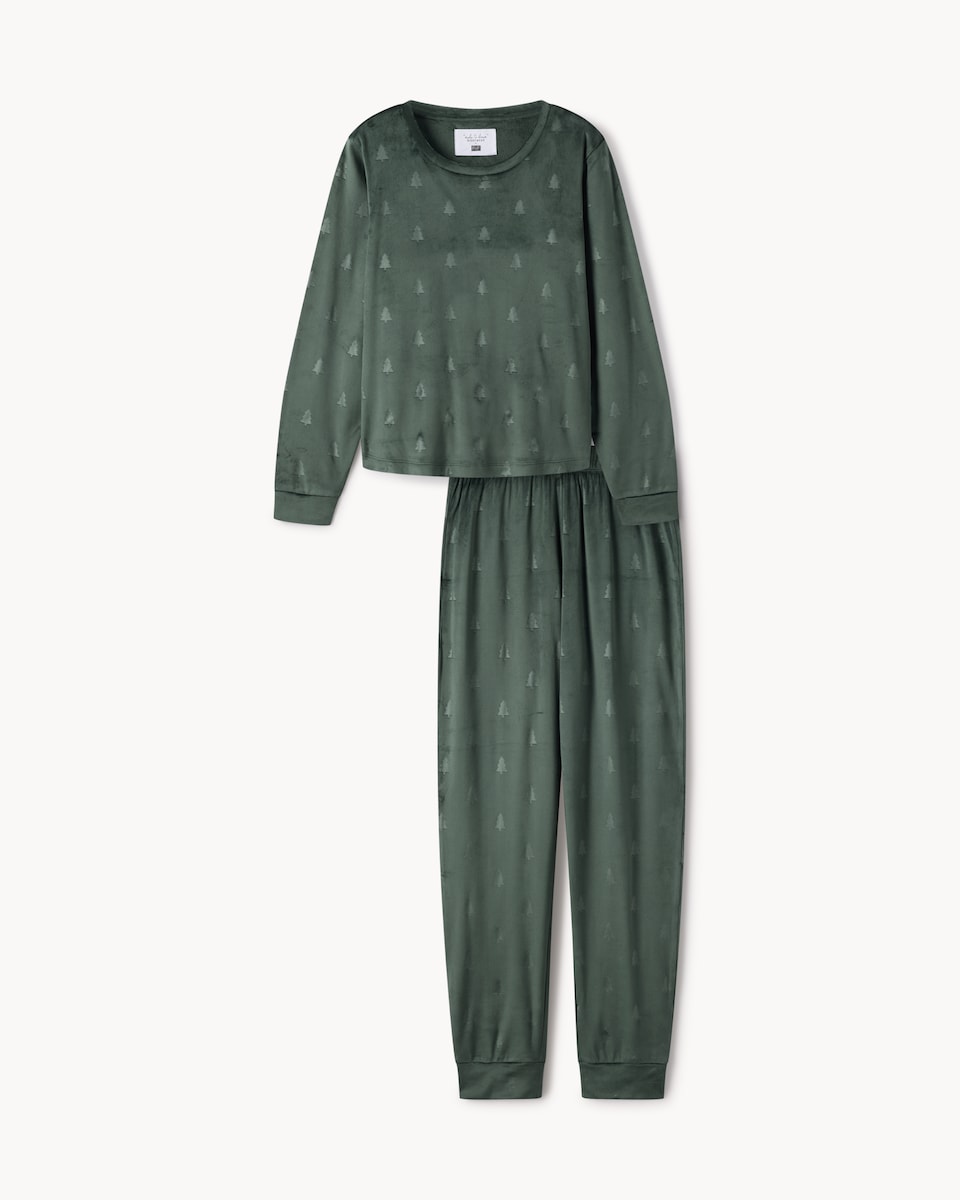 image 1 of Christmas Fleece Embossed Tree Pyjama Set in Green