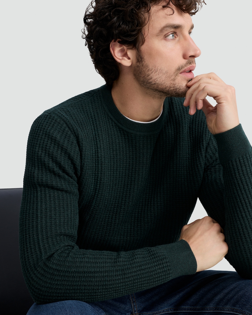 image 1 of F&F Waffle Knit Crew Neck Jumper with Wool in Khaki