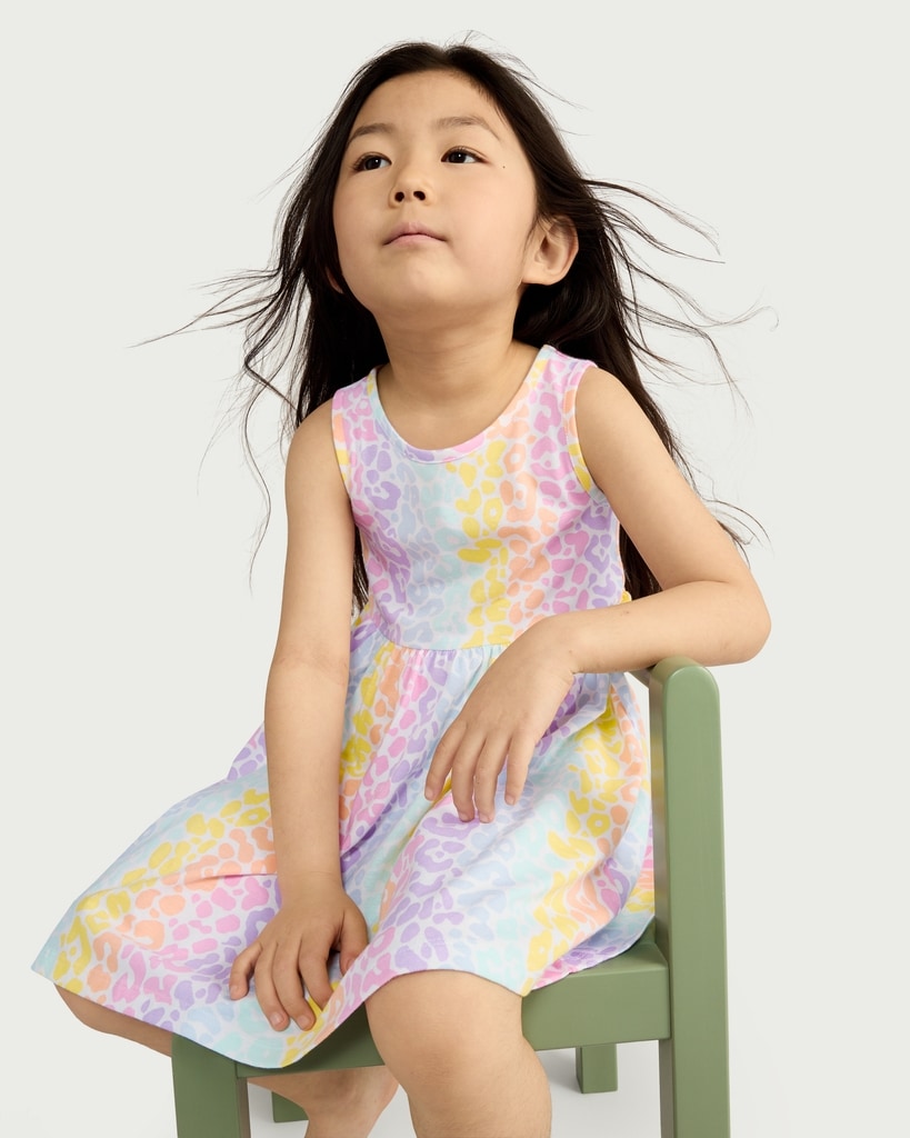 F&F Girls Pure Cotton Animal Print Sleeveless Dress in Multi White