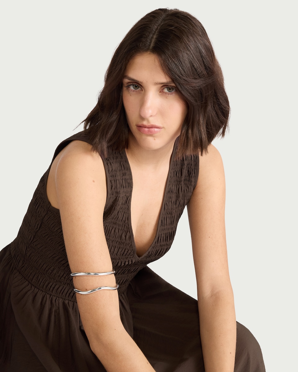 image 1 of F&F Shirred V Neck Midi Dress in Chocolate