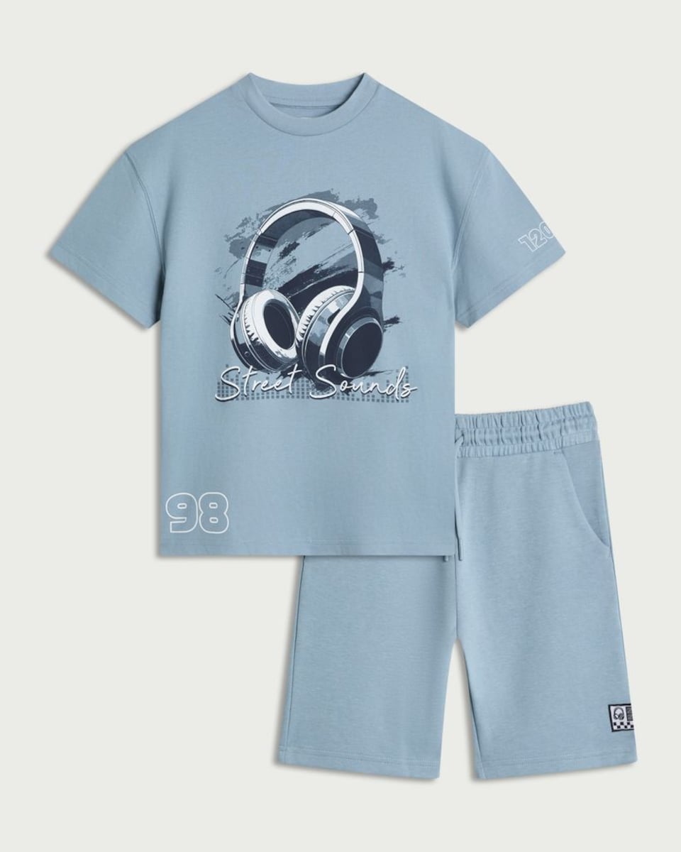 image 1 of F&F Boys 2-Piece Pure Cotton Headphone T-Shirt and Shorts Set in Blue